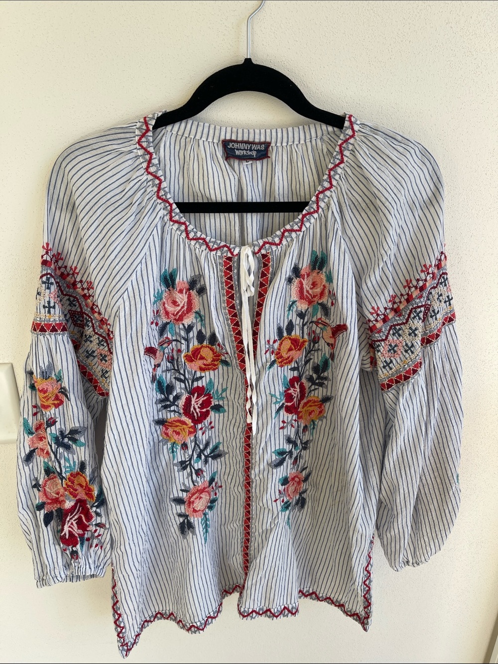 Johnny Was White Striped Peasant Blouse with Red & Multicolor Floral Embroidery